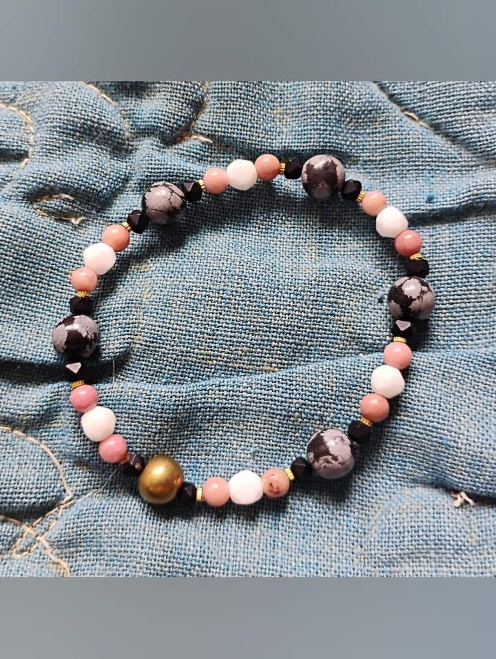 Snowflake Obsidian and Rhodochrosite Handmade Stretch Bracelet